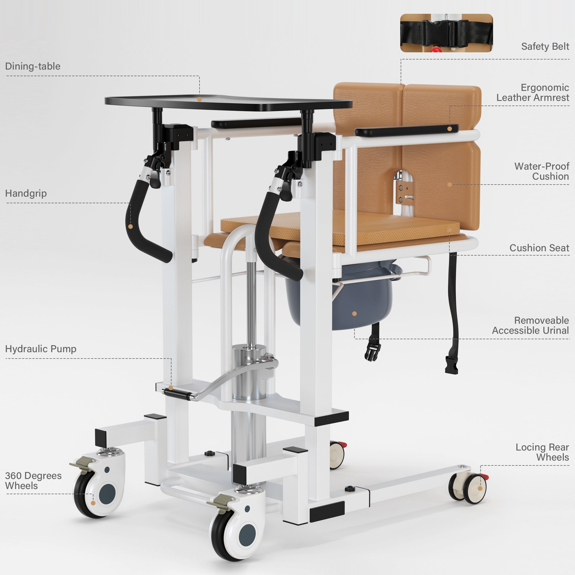 Patient Chair Hydraulic Transferred Lift Wheelchair w/180°Split Seat And Table