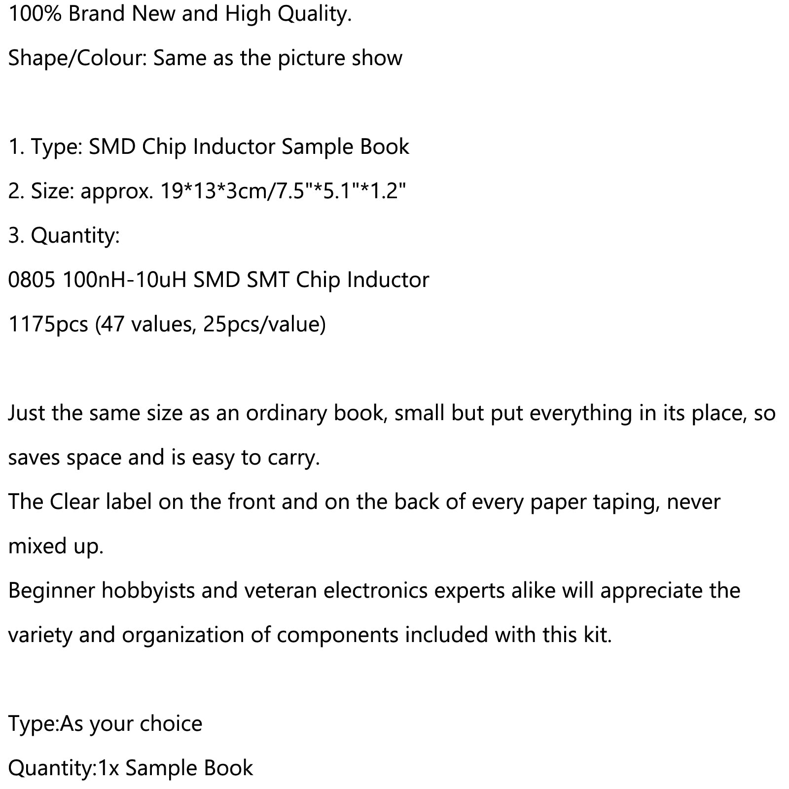 0805 SMD Chip Inductor Assorted Kit 1nH-100uH 47 Valuesx25 Sample Book 1175pcs