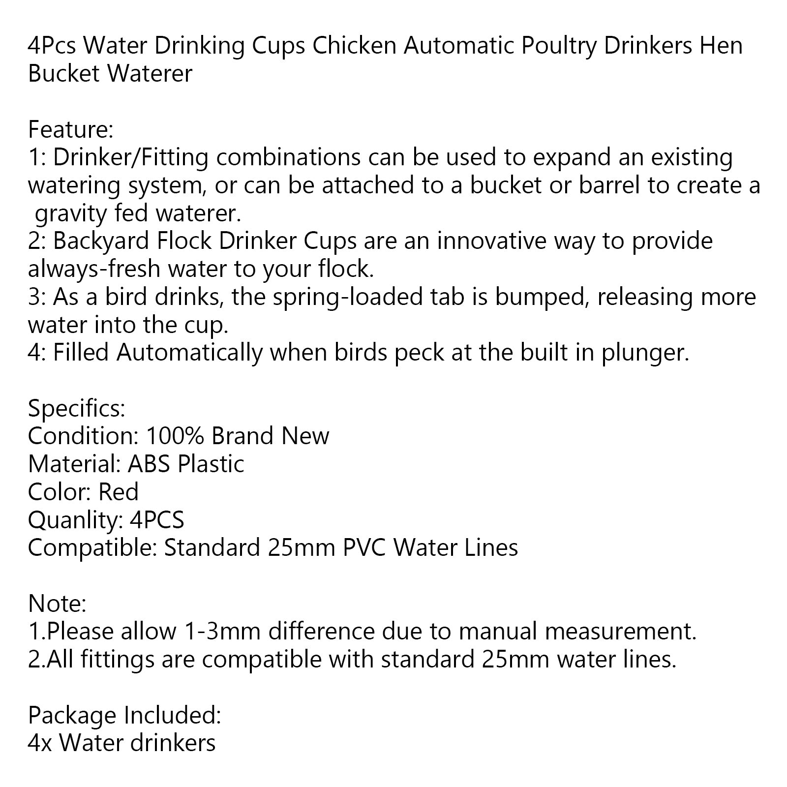 4PCS Water Drinking Cups Chicken Waterer Automatic Poultry Drinkers