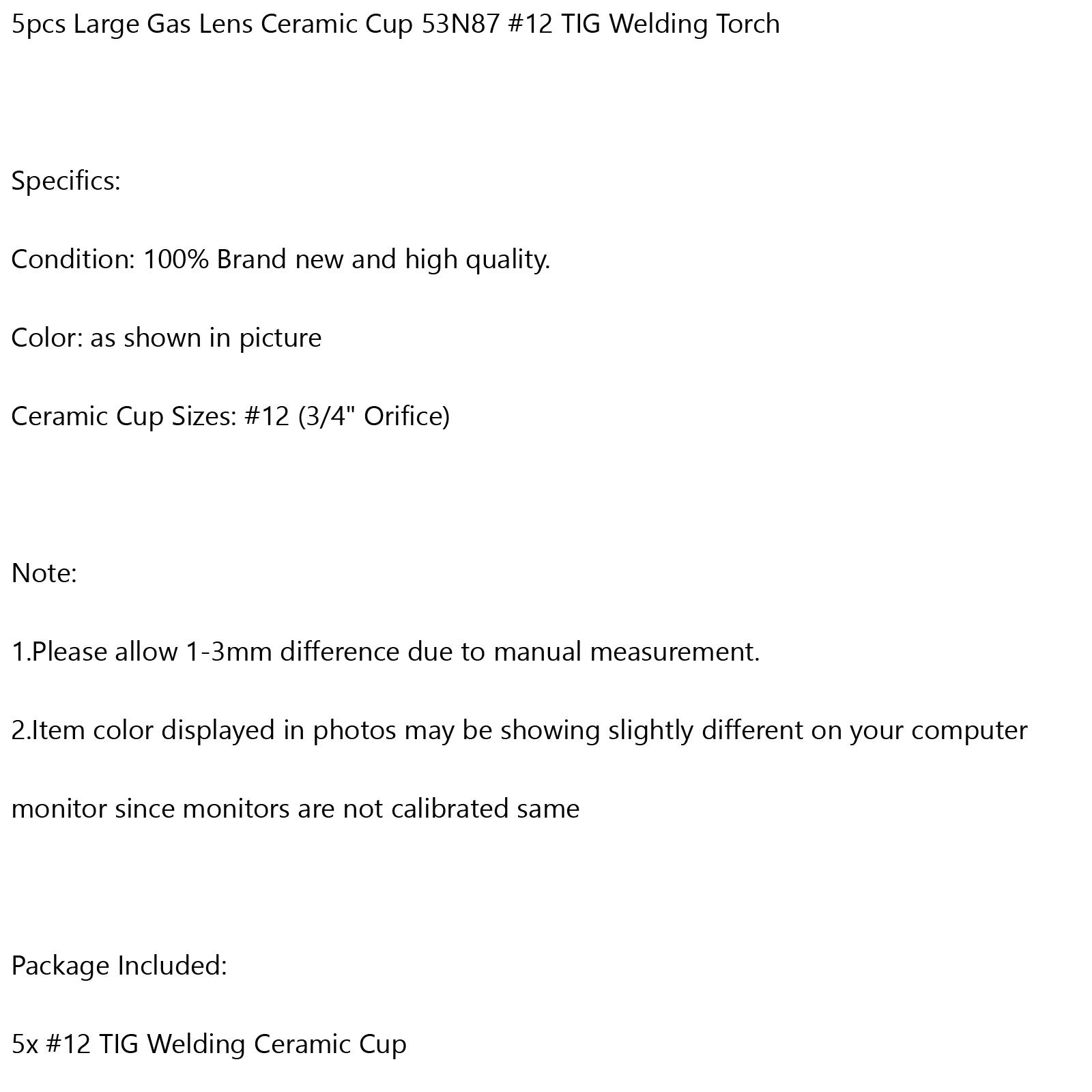 5pcs Large Gas Lens Ceramic Cup 53N87 #12 TIG Welding Torch