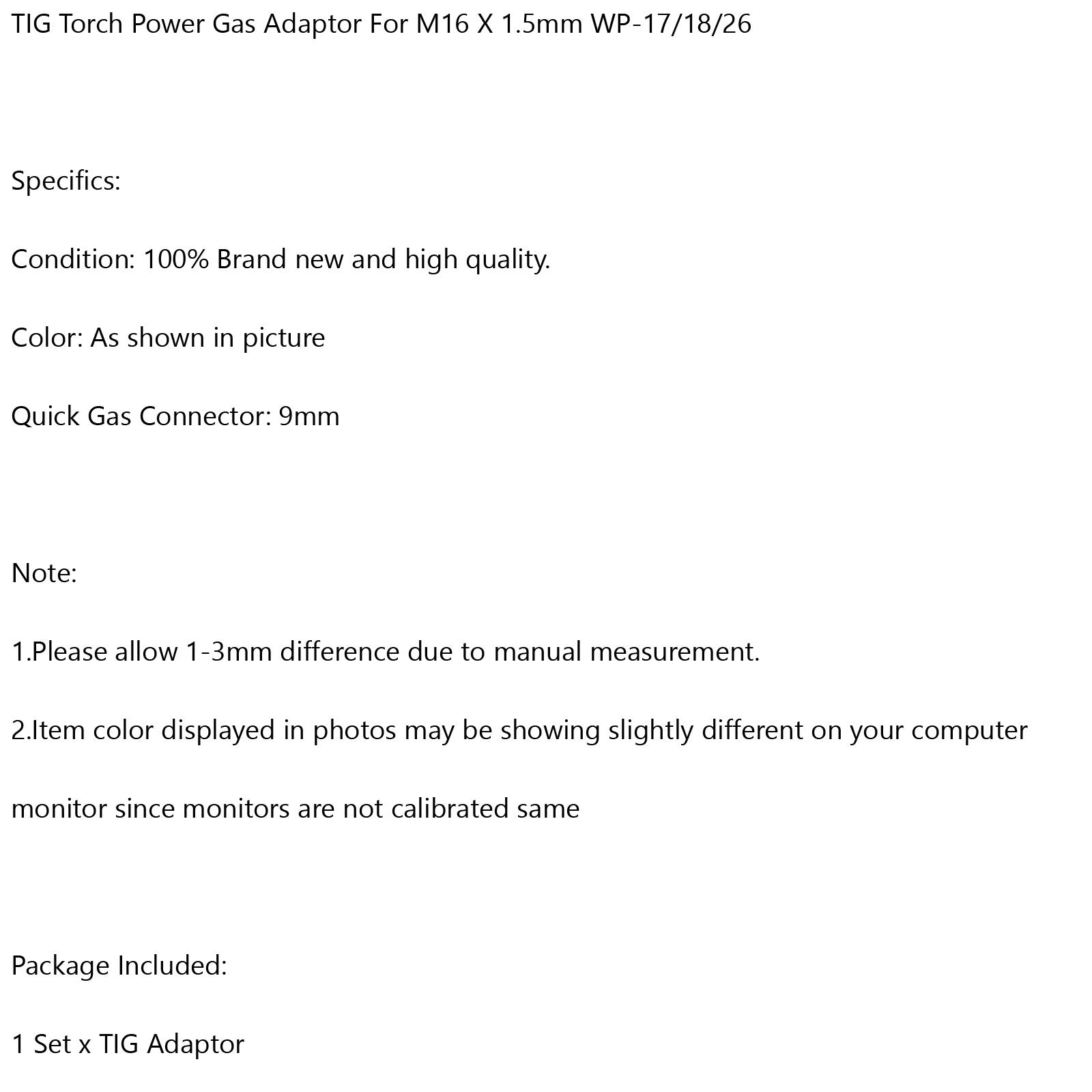 TIG Torch Power Gas Adaptor 35-50 12mm M10 Gas For M16 X 1.5mm WP-17/18/26