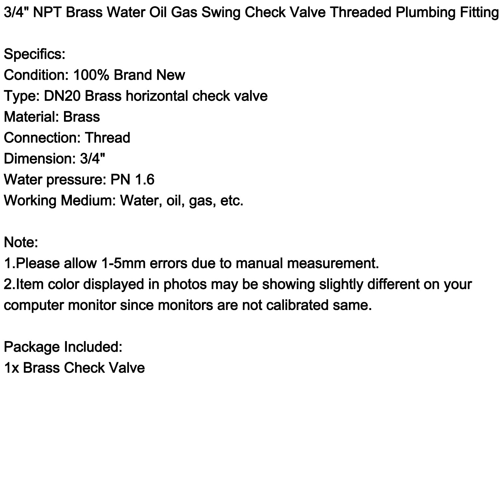 1/2" 3/4" 1" 2" Female Thread Brass Horizontal DN15 Non-Return Swing Check Valve, 3/4"