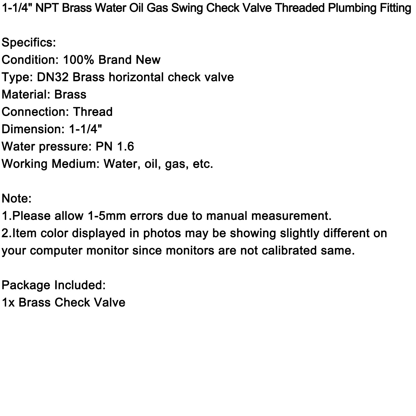 1/2" 3/4" 1" 2" Female Thread Brass Horizontal DN15 Non-Return Swing Check Valve, 1-1/4"