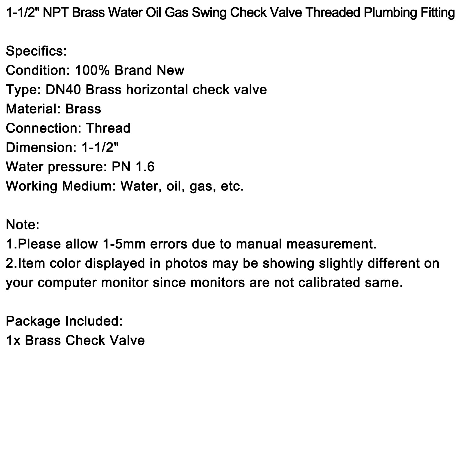 1/2" 3/4" 1" 2" Female Thread Brass Horizontal DN15 Non-Return Swing Check Valve, 1-1/2"