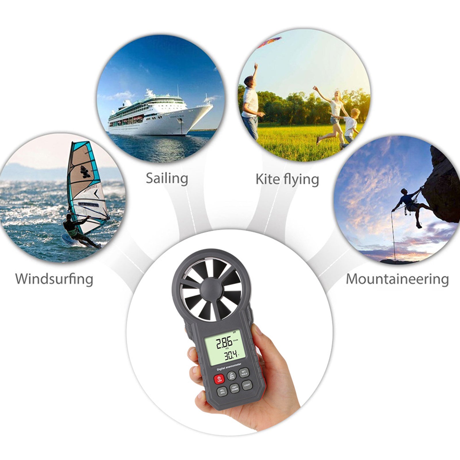 LCD Digital Anemometer Thermometer Air Flow Meter Wind Speed Gauge 0-30M/s