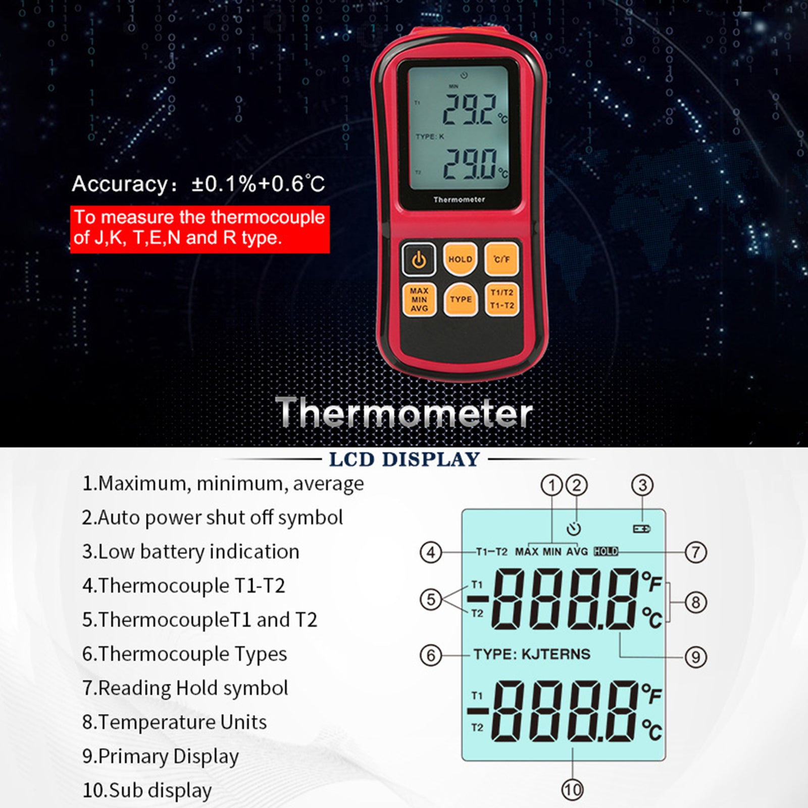 Digital Thermocouple Thermometer Temperature Dual-channel Meter Tester LCD