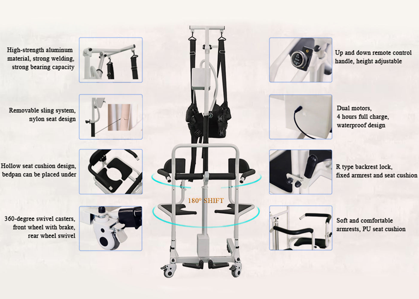 Electric Transfer Chair Patient Lift (4 in 1) for Home  180° Split Seat 330 lbs Load-Bearing for Elderly Disabled Handicapped  Full Body Sling Portable