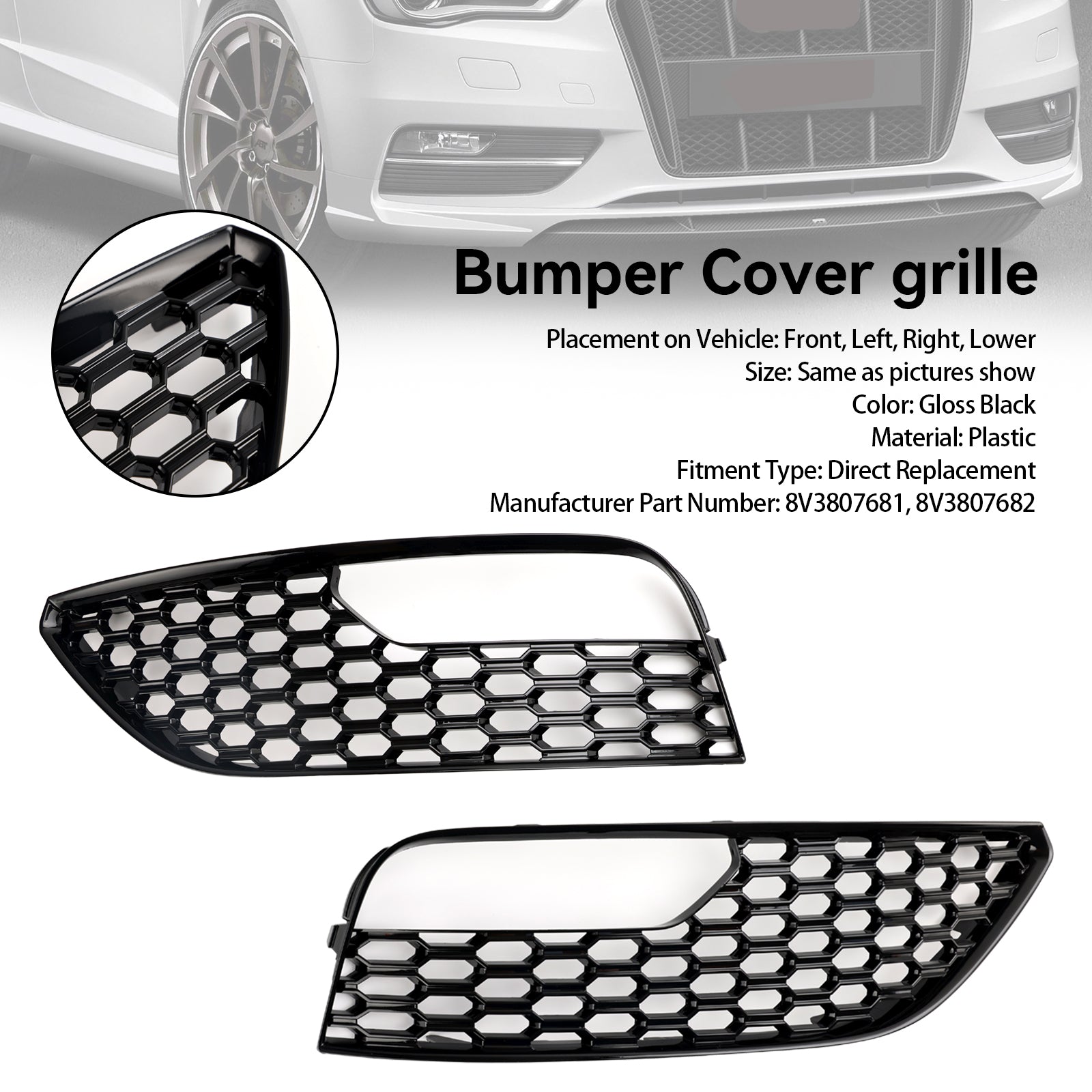 2012 2013 2014 2015 2016 Audi A3 S3 Mesh Front Bumper Fog Light Surround Cover Grille 2PCS