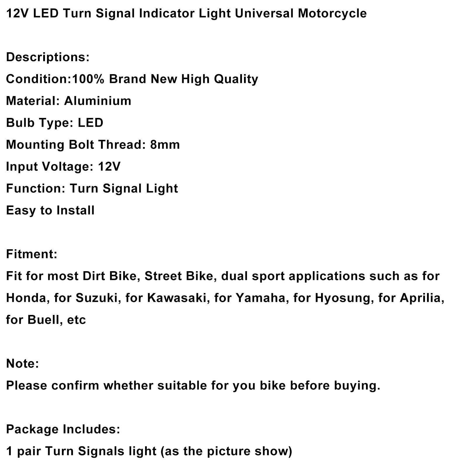 12V LED Turn Signal Indicator Light 8mm Universal Motorcycle For Yamaha