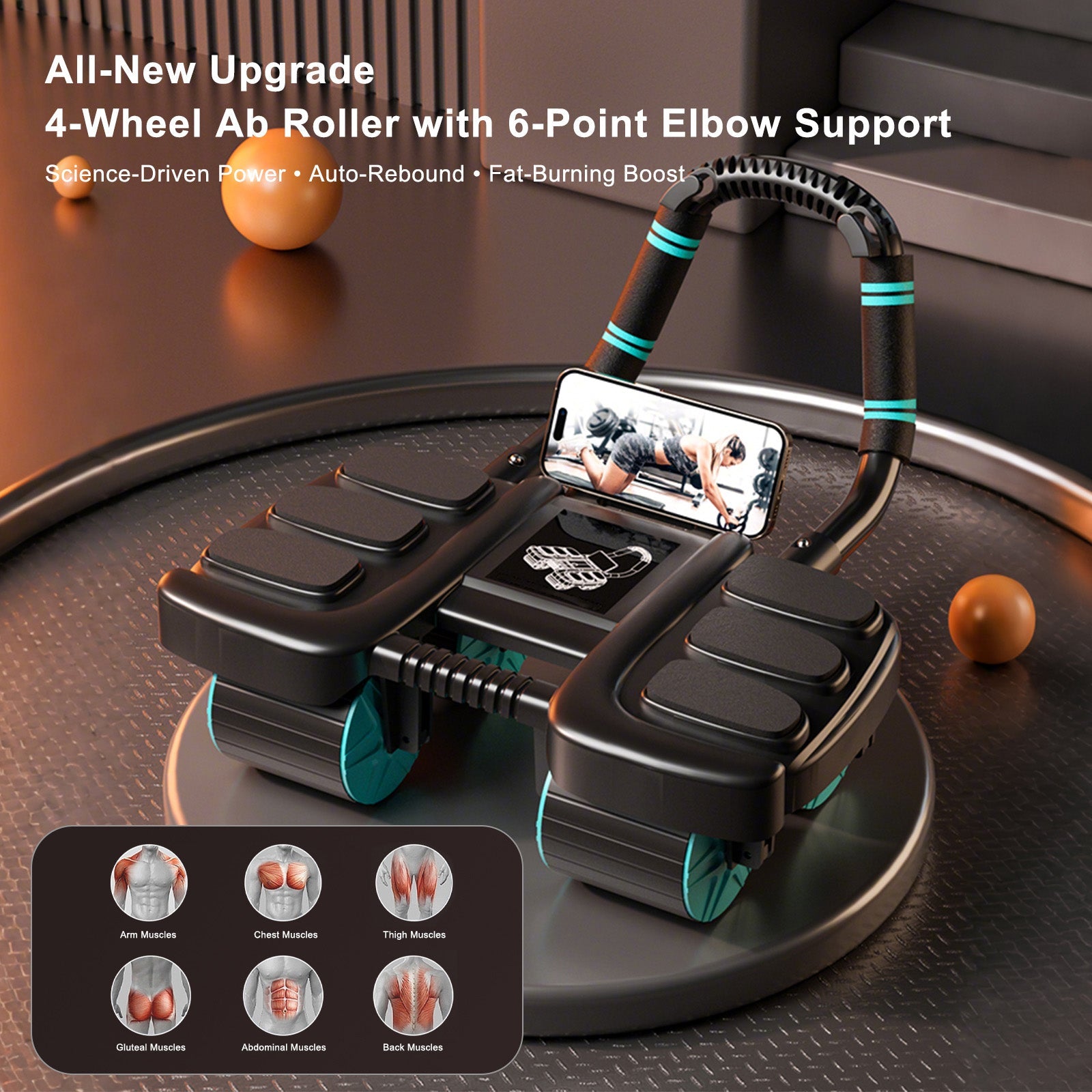 Perfect Core Trainer for Men & Women Automatic Rebound Ab Wheel with Elbow Support & 4-Wheel Stability – Includes Timer Portable Home Gym Equipment Blue
