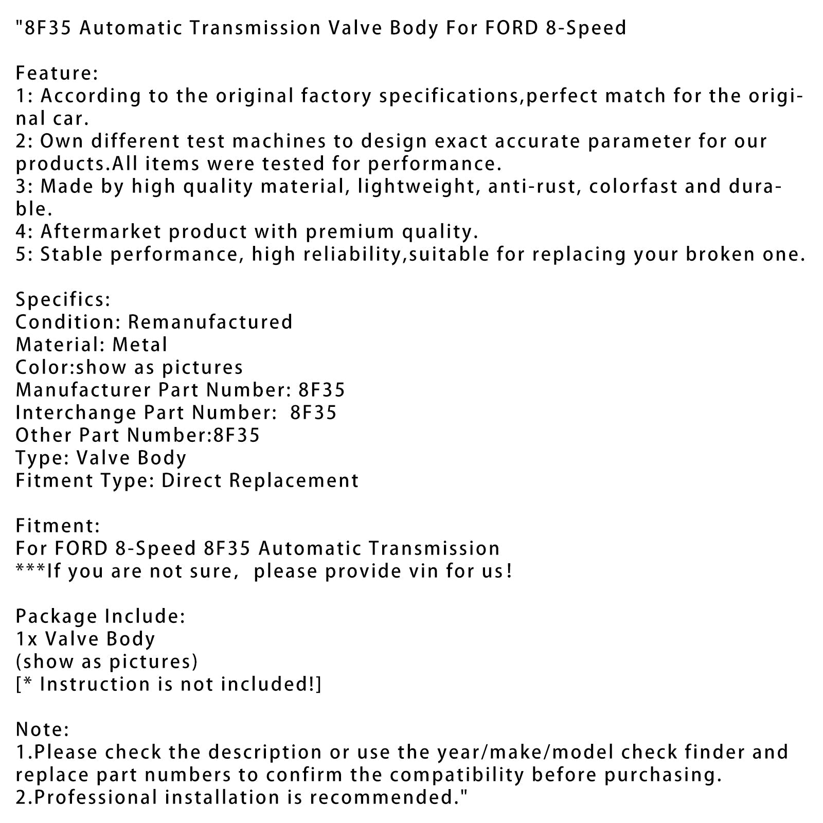 8F35 FORD 8-Speed Automatic Transmission Valve Body