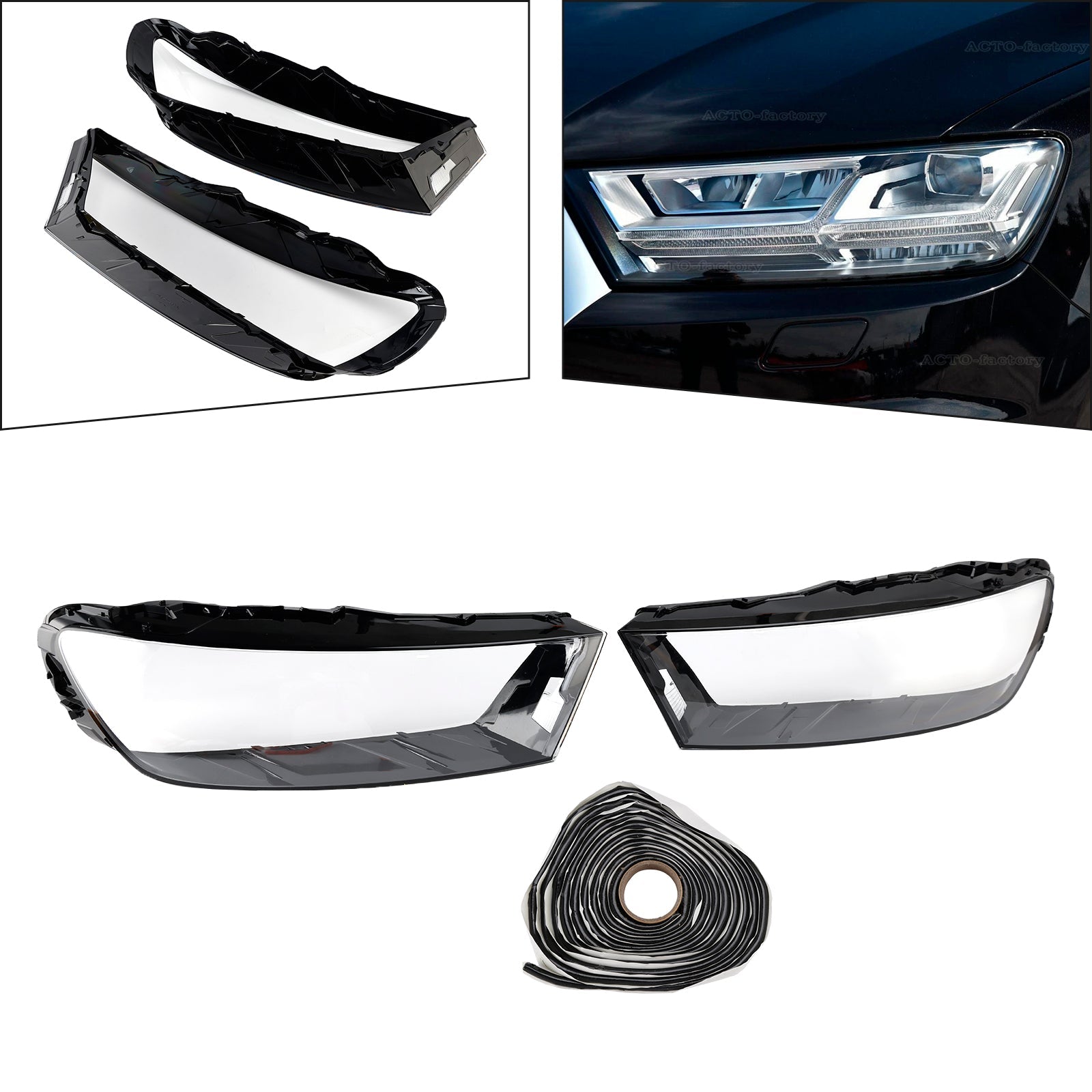2016-2019 For Audi Q7 Pair Car Headlight Lens Cover LH+RH Lampshade Shell Glue