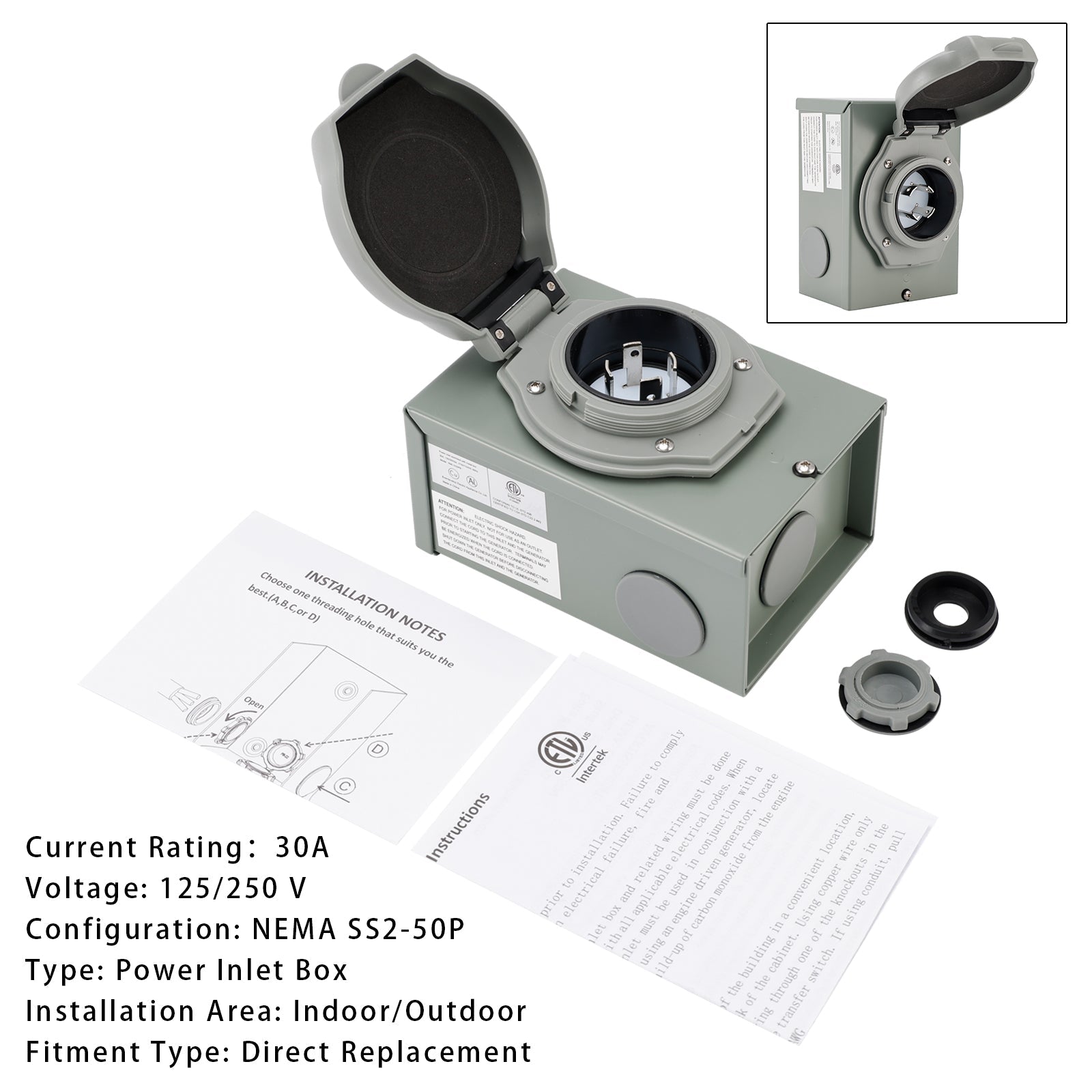 30Amp RV Generator Inlet Box NEMA SS2-50P Power Inlet Box 125/250V