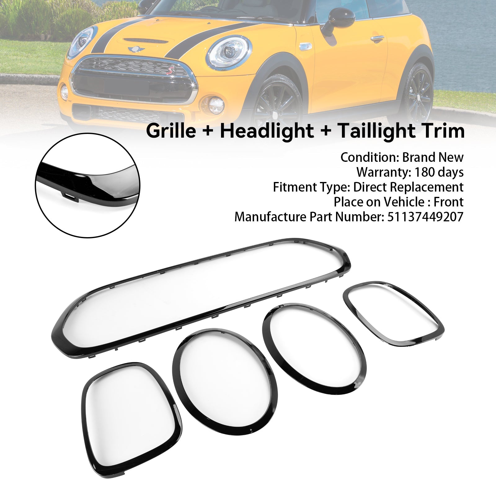 2014-2021 Mini Cooper F55 F56 F57 Black Grill + Headlight + Taillight Trim 51137449207 Generic