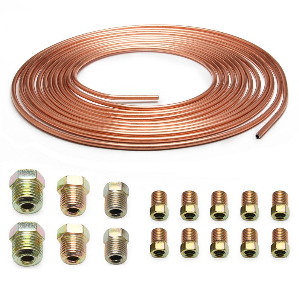 Copper Brake Line Tubing Kit 3/16 OD 25 Foot Coil Roll All Size Fittings
