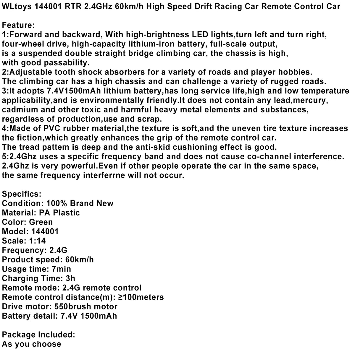 WLtoys 144001 RTR 2.4GHz 60km/h High Speed Drift Racing Car Remote Control Car