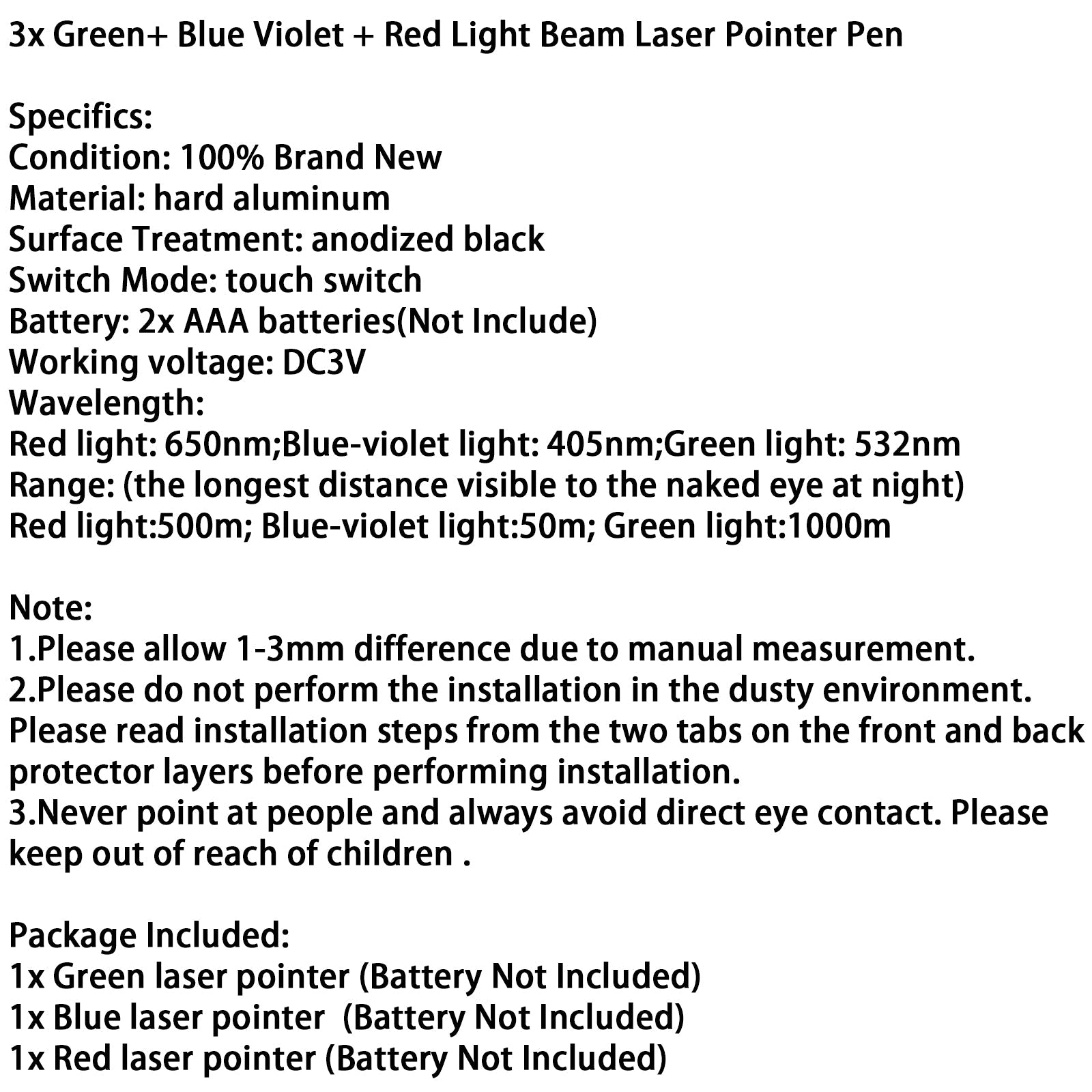 1mw 3PCS Laser Pointer Pen Red + Green + Blue/Violet Laser Pointer Visible Beam