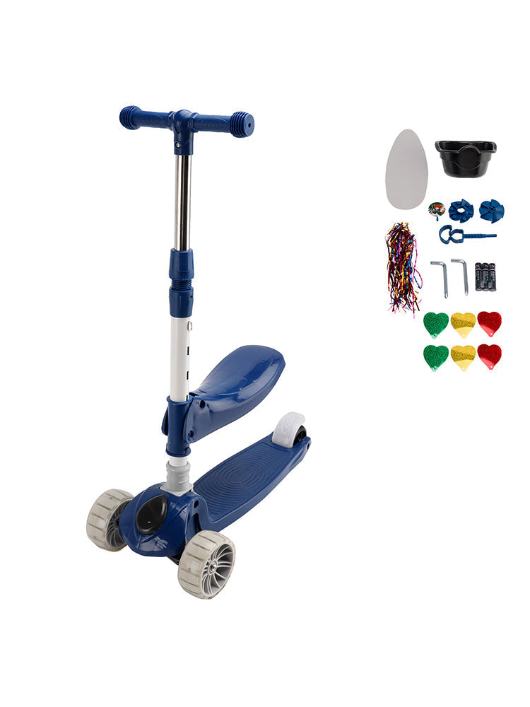 2-in-1 Kids Scooter Foldable Seat Light 3 Wheel Adjustable Folding Bar Blue