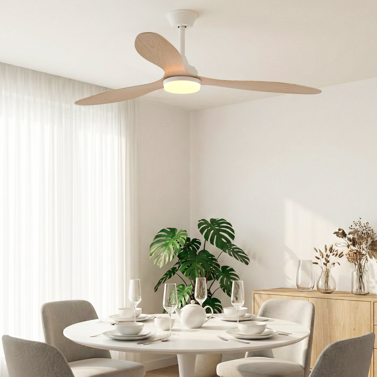Modern 52" Pendant Ceiling Fan with Light Remote Quiet 6 Speeds Black White