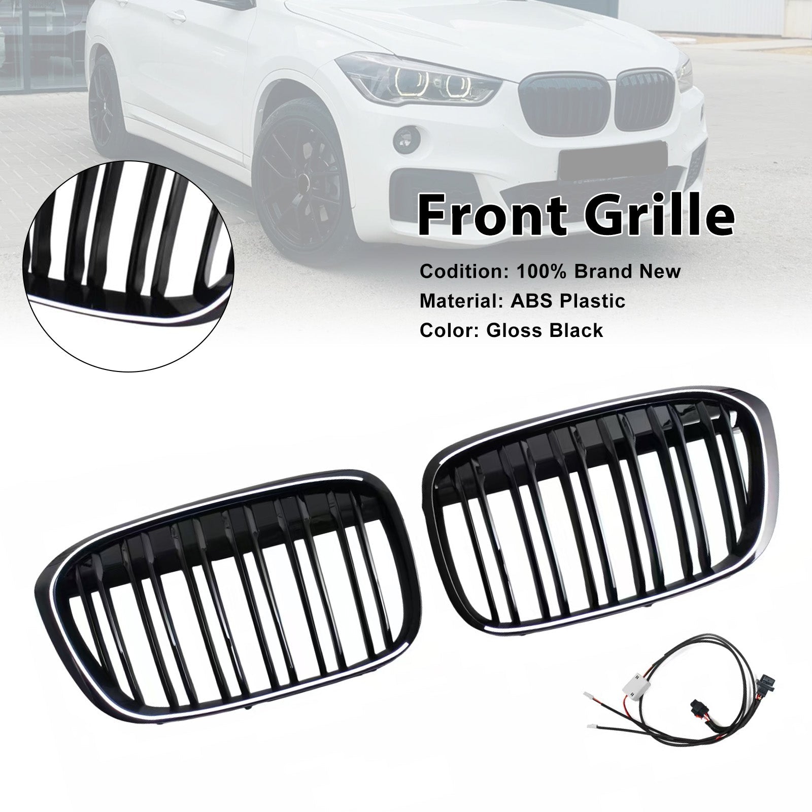 2016-2019 Fit BMW X1 F48 F49 Gloss Black Front Kidney Grill Grille Dual Line