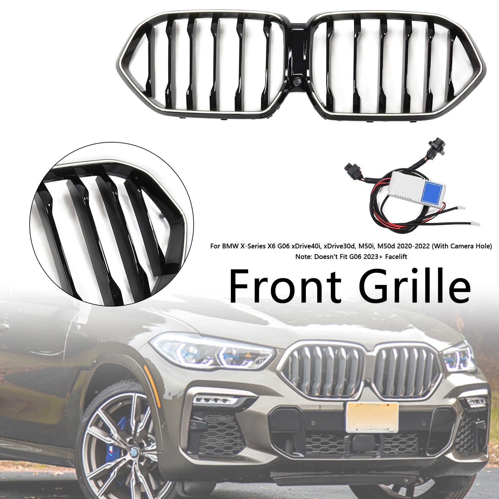 2020-2022 BMW X6 G06 M50i W/Camera Hole Black Front Bumper Grille Grill