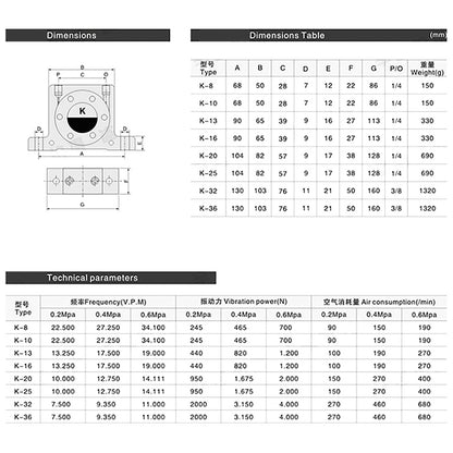 K8/10/13/16 Pneumatic Vibrator Power Concrete Vibrator Air Turbine Oscillator, K10