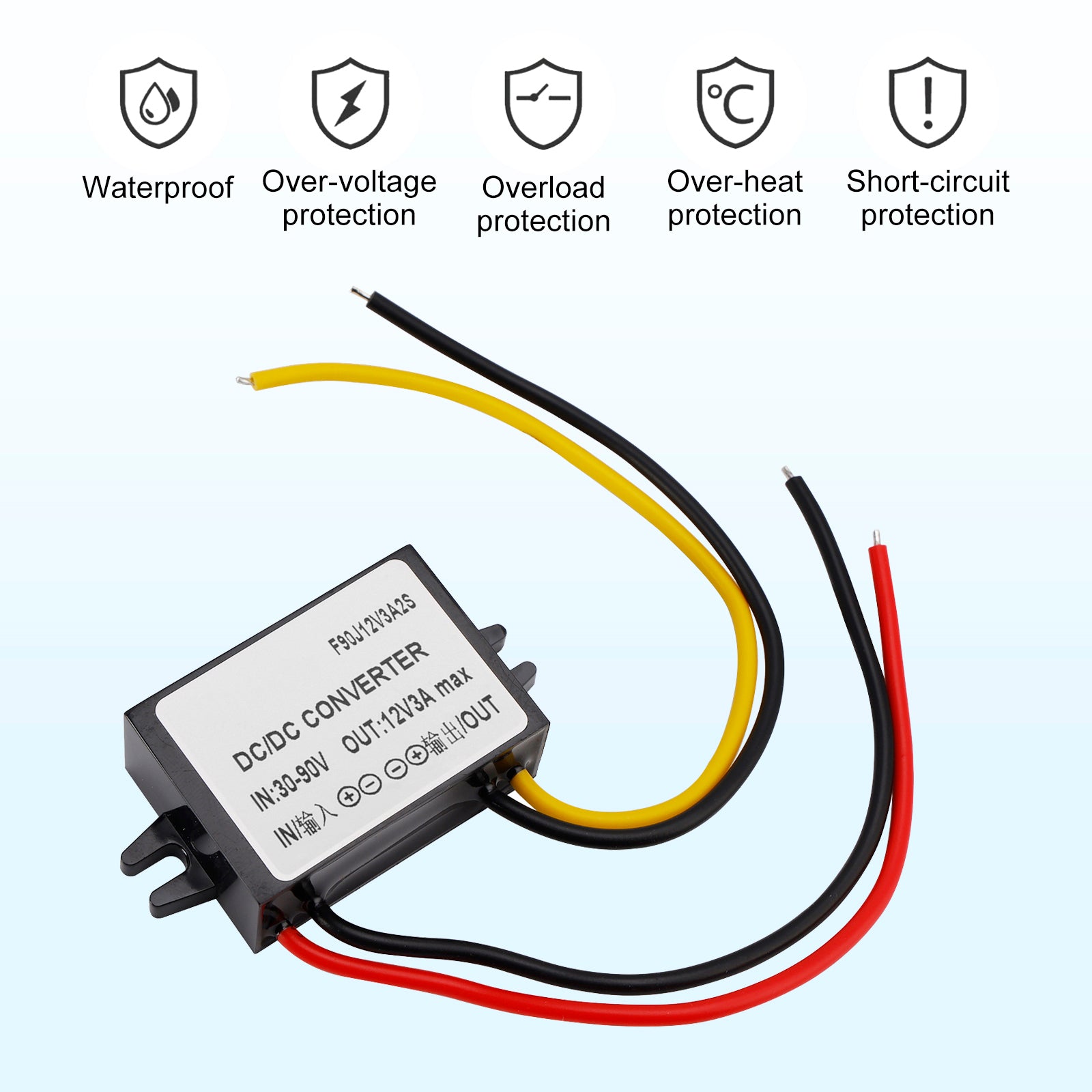 Waterproof DC-DC Converter 30-90V Step Down to 12V Power Supply Module 3A