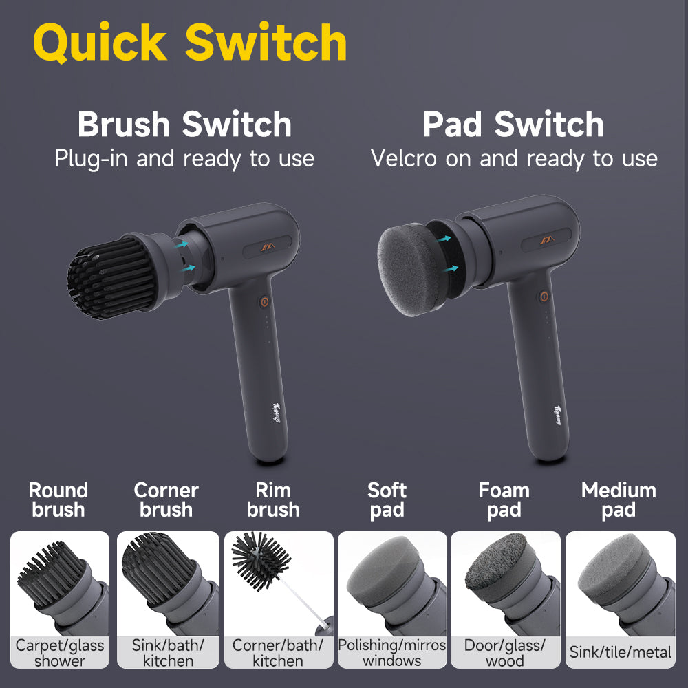 Electric Cleaning Brush Electric Spin Scrubber with 3 Variable Brush Heads and 6 Pad Heads for Wall/Bathtub/Toilet/Window/Kitchen/Sink/Dish/Grout/Bathroom Cleaning Power Scrubber