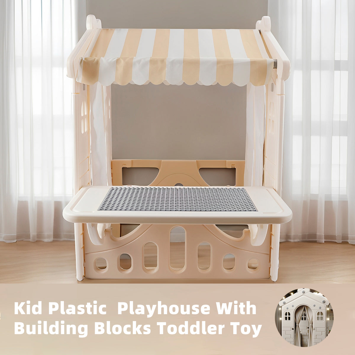 Kid Plastic Outdoor Playhouse With Light Strip And Building Blocks Toddler Toy