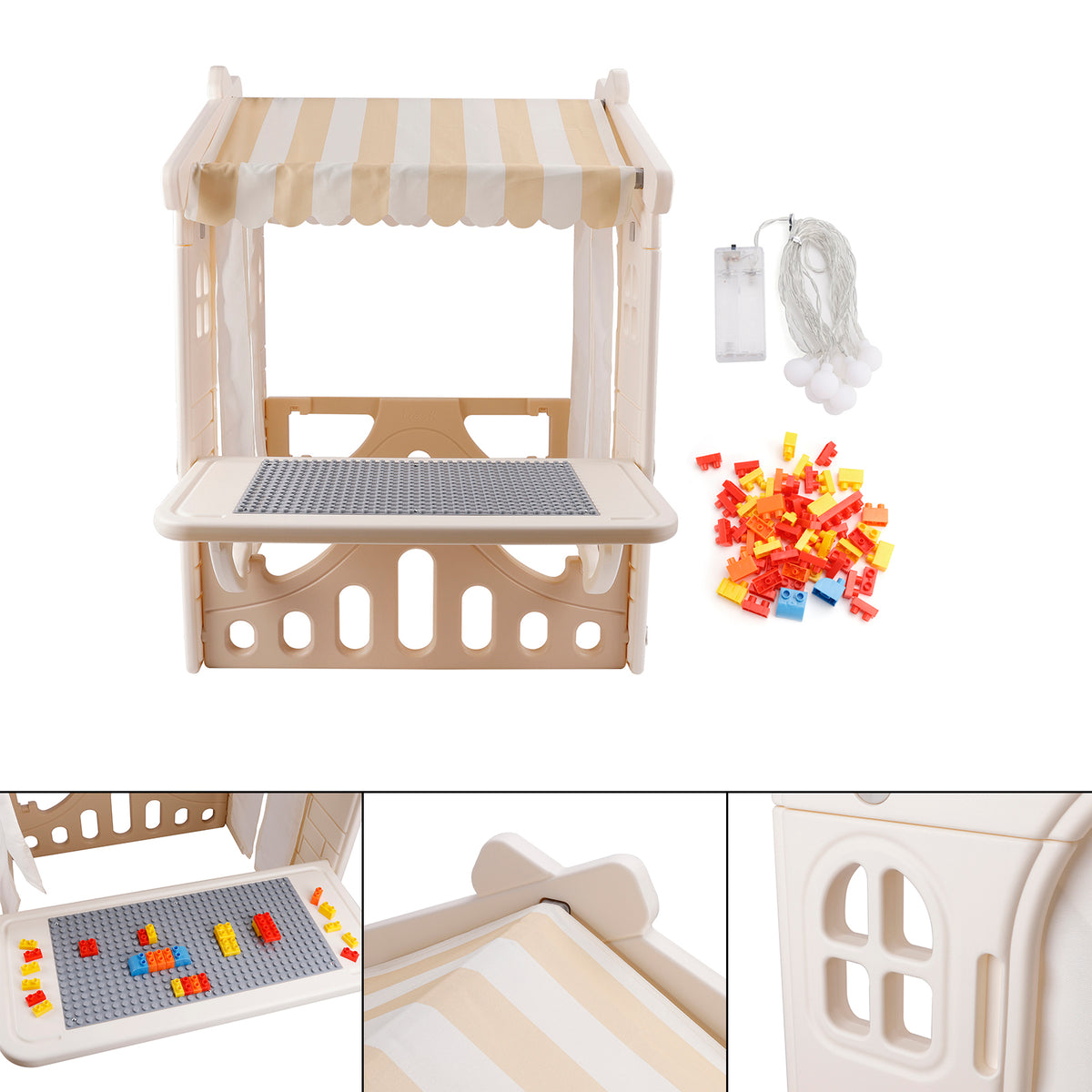 Kid Plastic Outdoor Playhouse With Light Strip And Building Blocks Toddler Toy