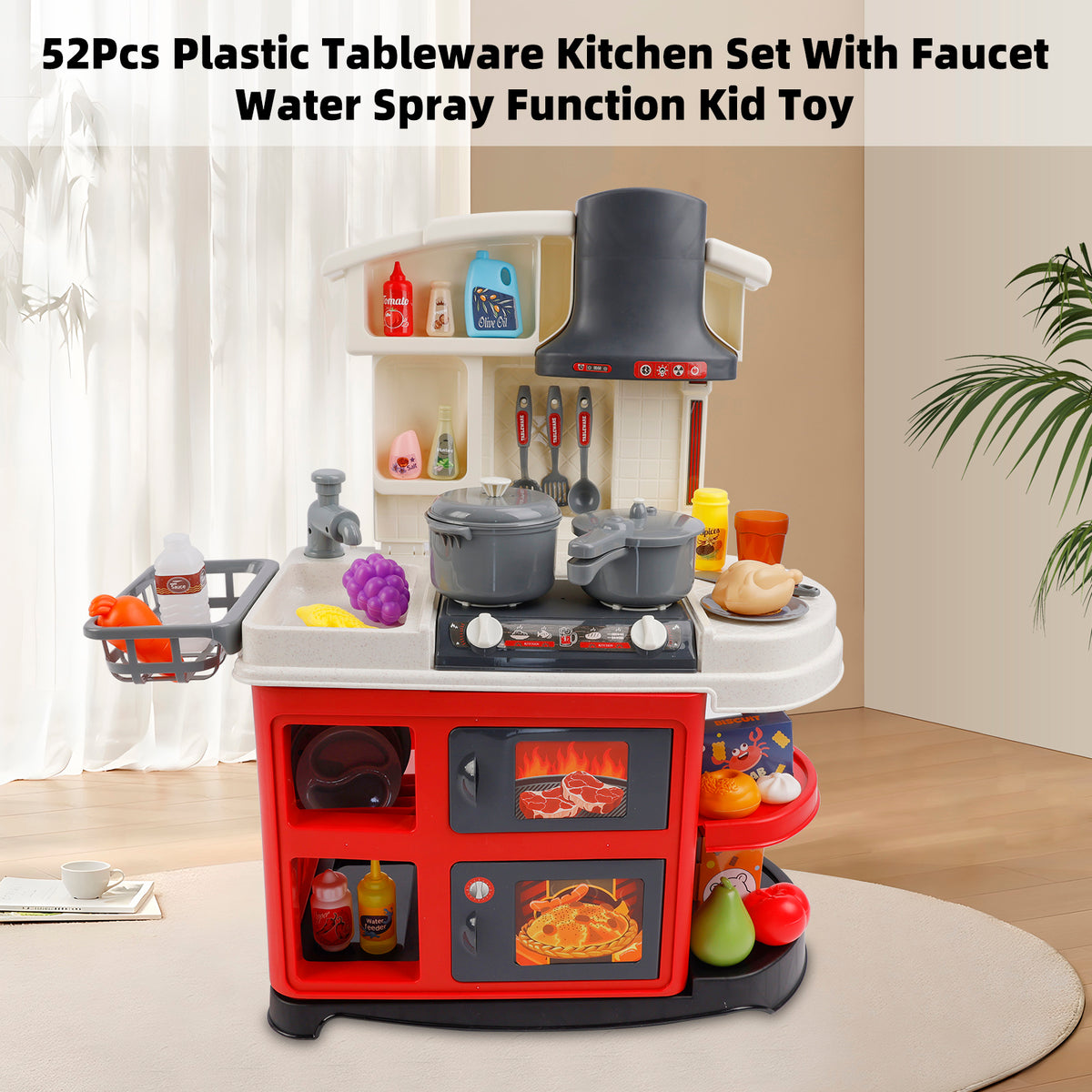 52Pcs Plastic Tableware Kitchen Set With Faucet Water Spray Function Kid Toy
