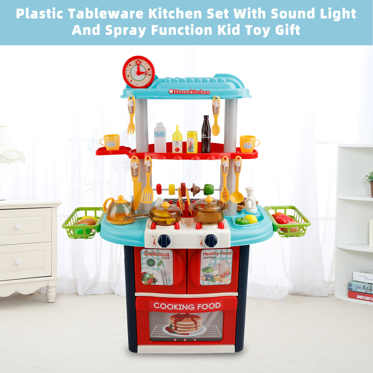 Plastic Tableware Kitchen Set With Sound, Light And Spray Function Kid Toy Blue