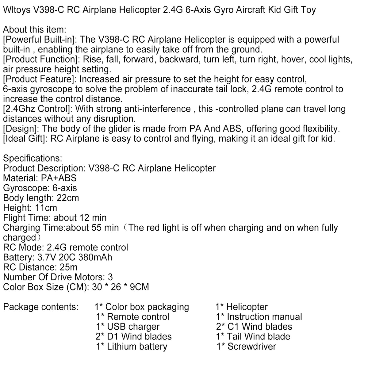 Wltoys V398-C RC Airplane Helicopter 2.4G 6-Axis Gyro Aircraft Kid Gift Toy