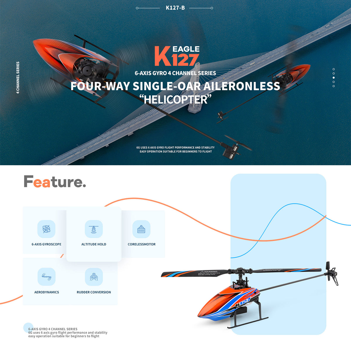 Wltoys K127 Helicopter 2.4G 4CH 6-Aixs Gyroscope Hover RC Helicopter RTF Toy