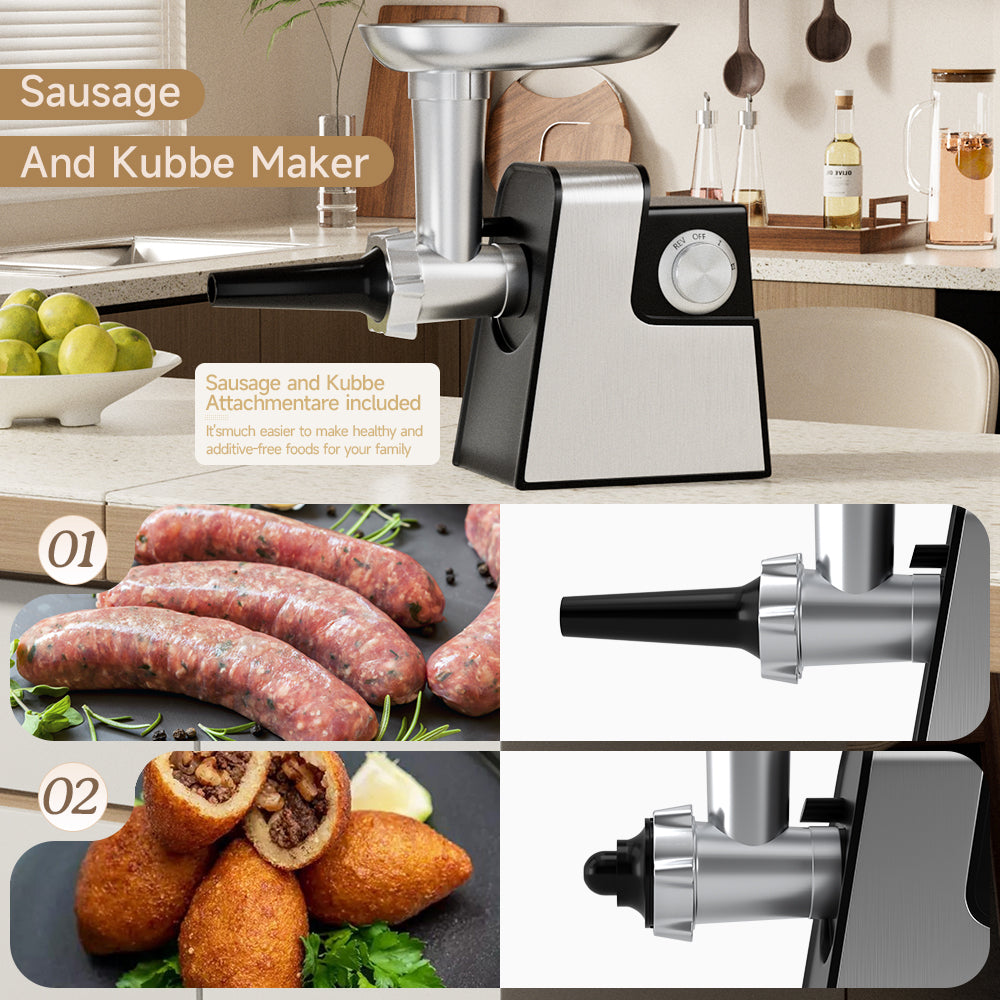 5 in 1 Electric Meat Grinder: 600W Meat Grinder with 3 Blades Sausage Stuffer Tube & Kubbe Kit  Vegetable Slicer & Shredder Cheese Grater
