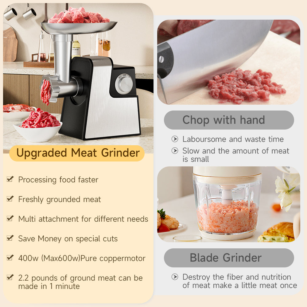 5 in 1 Electric Meat Grinder: 600W Meat Grinder with 3 Blades Sausage Stuffer Tube & Kubbe Kit  Vegetable Slicer & Shredder Cheese Grater