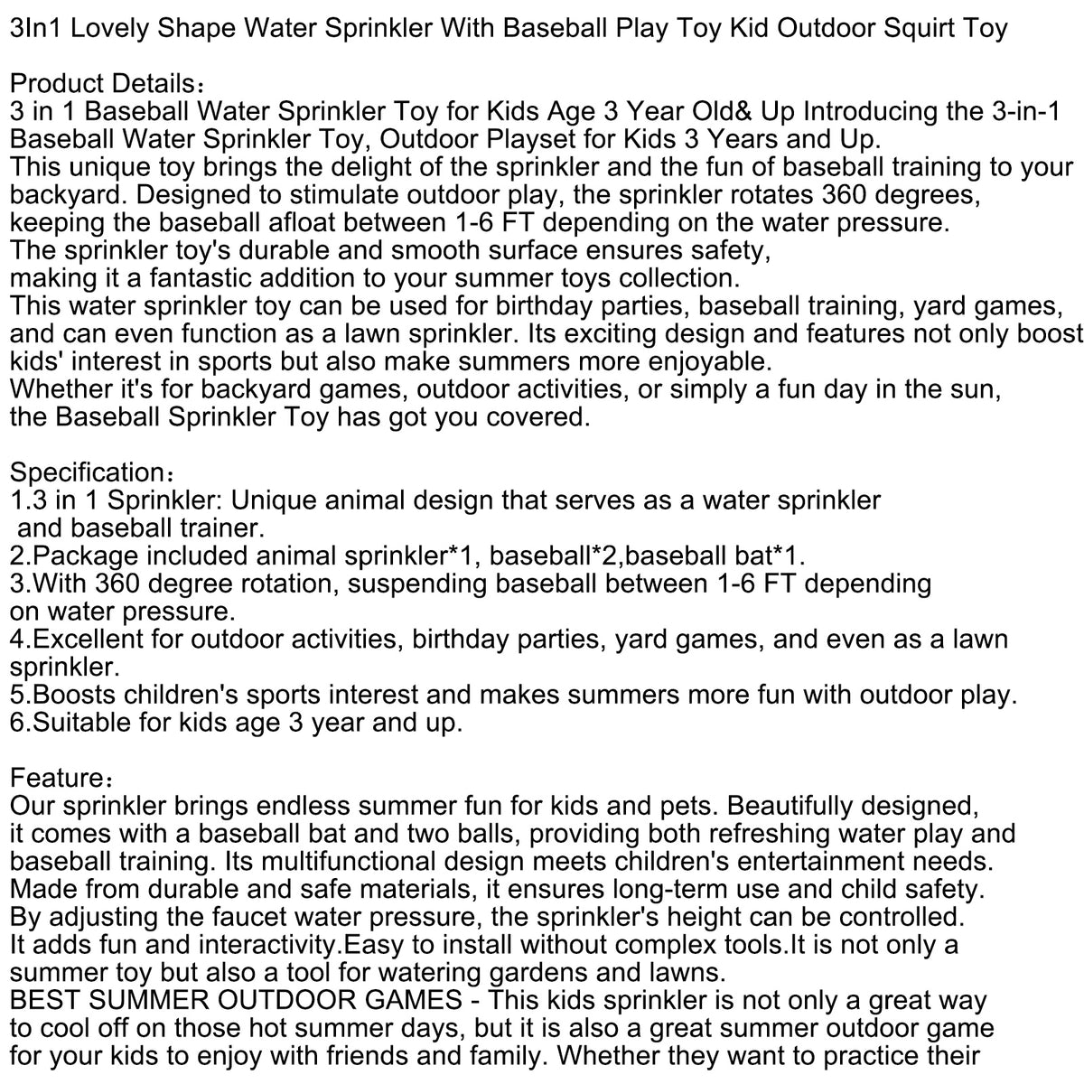 3In1 Lovely Shape Water Sprinkler With Baseball Play Toy Kid Outdoor Squirt Toy