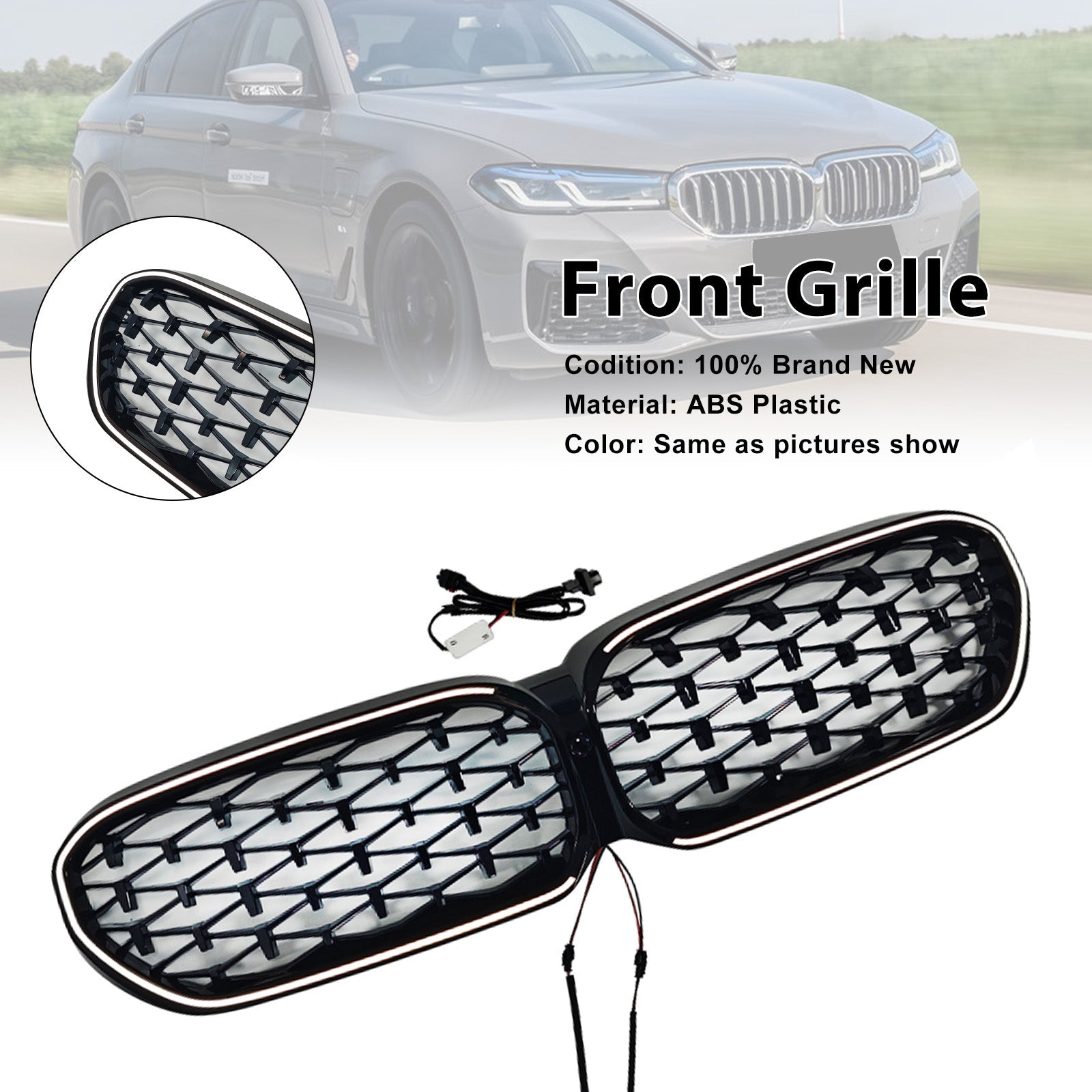 2021-2024 Fit BMW 5 Series G30 G38 Diamond Front Kidney Grill Grille Black