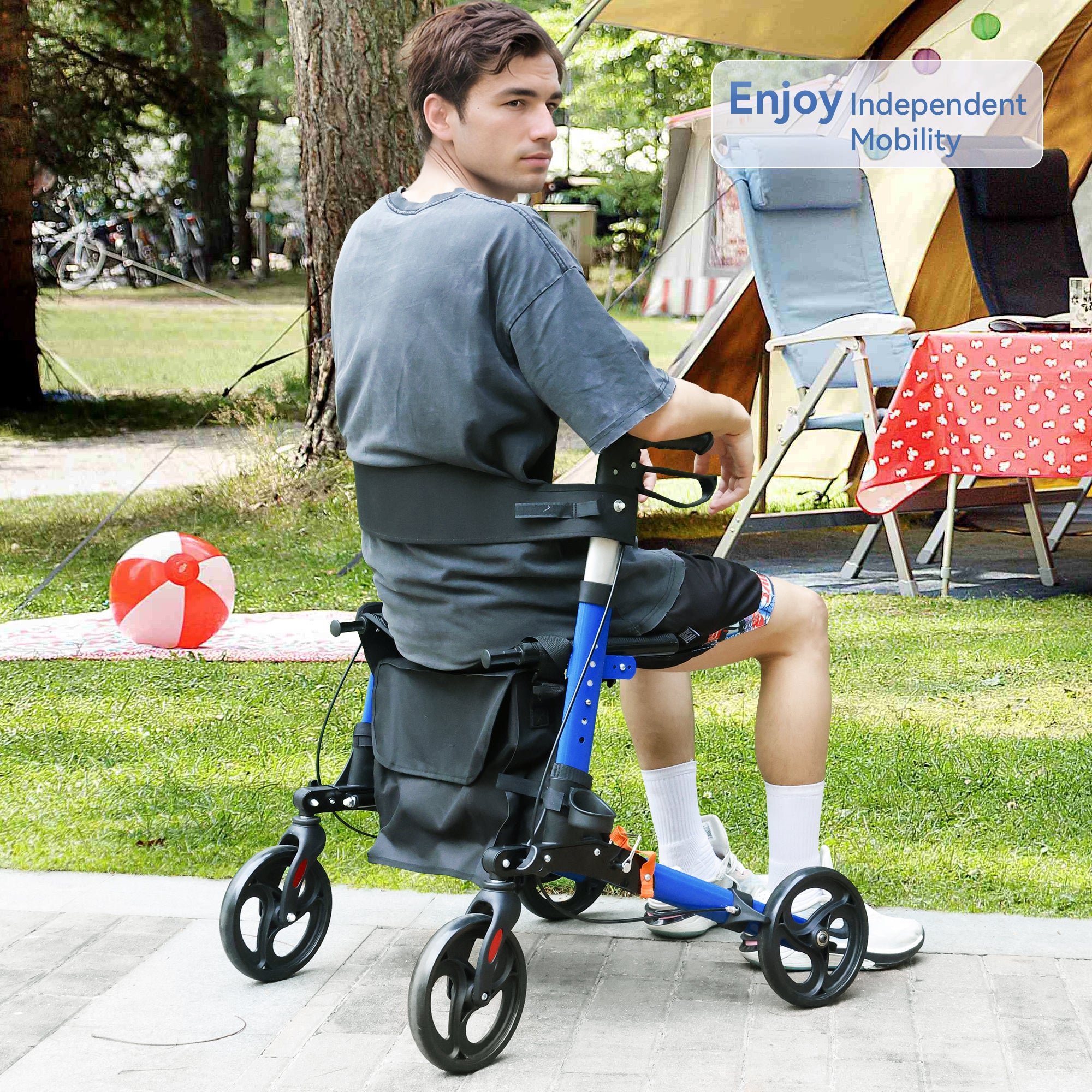 Foldable Rollator Walker with 6 levels of Adjustable Seat 8 Wheels  Compact Folding Design Lightweight Mobility Walking Aid suitable for people of different heights