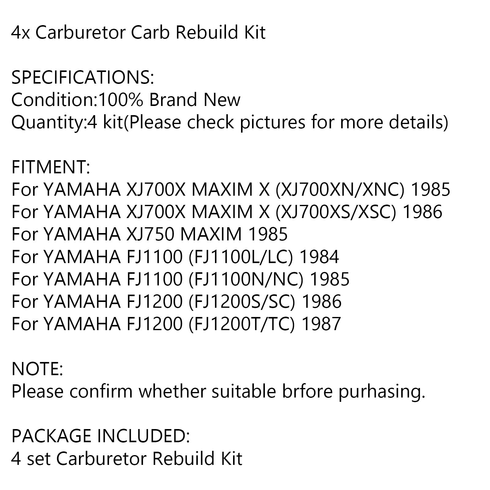 4 Sets Carburetor Repair Kit for Yamaha XJ700 Maxim X 700 XJ750 FJ1100 FJ1200 Generic