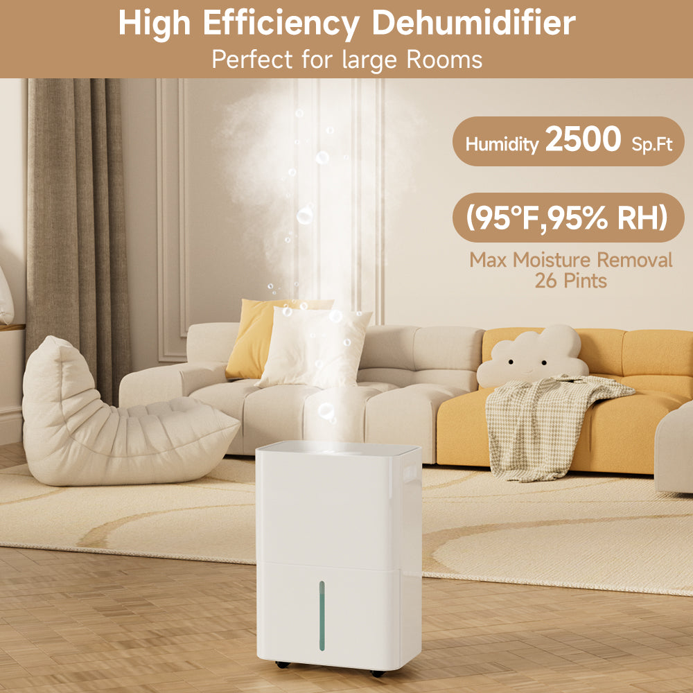 2500 Sq. ft Dehumidifier for Basement and Large Room, 26 Pints Dehumidifiers for Home with Drain Hose, Intelligent Humidity Control, 3 Modes, 24H Timer, Ideal for RV, Bathroom, Bedroom