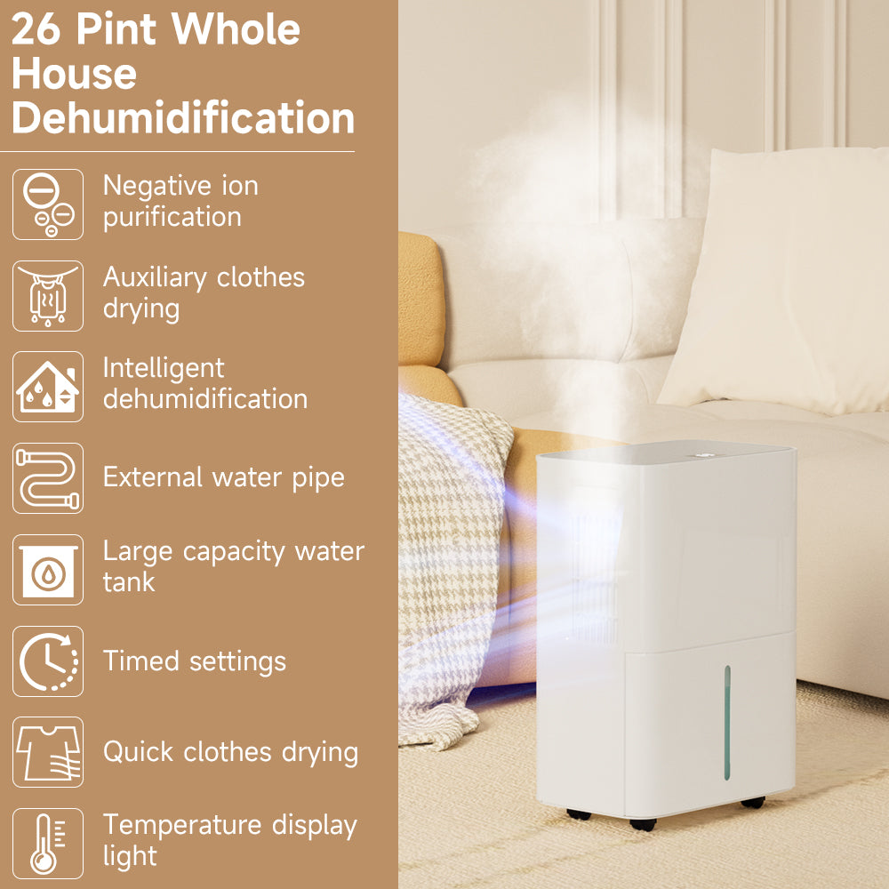 2500 Sq. ft Dehumidifier for Basement and Large Room, 26 Pints Dehumidifiers for Home with Drain Hose, Intelligent Humidity Control, 3 Modes, 24H Timer, Ideal for RV, Bathroom, Bedroom