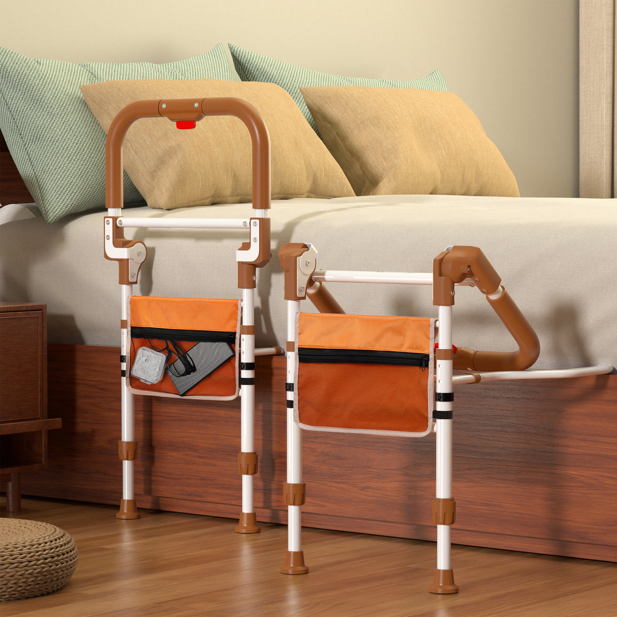 Foldable Bed Assist Rail with Adjustable Height Non-Slip Handle & Storage Pouch  Fits King Queen Full Twin Beds  Supports 350 LBS Bed Rails for Elderly Adults Safety