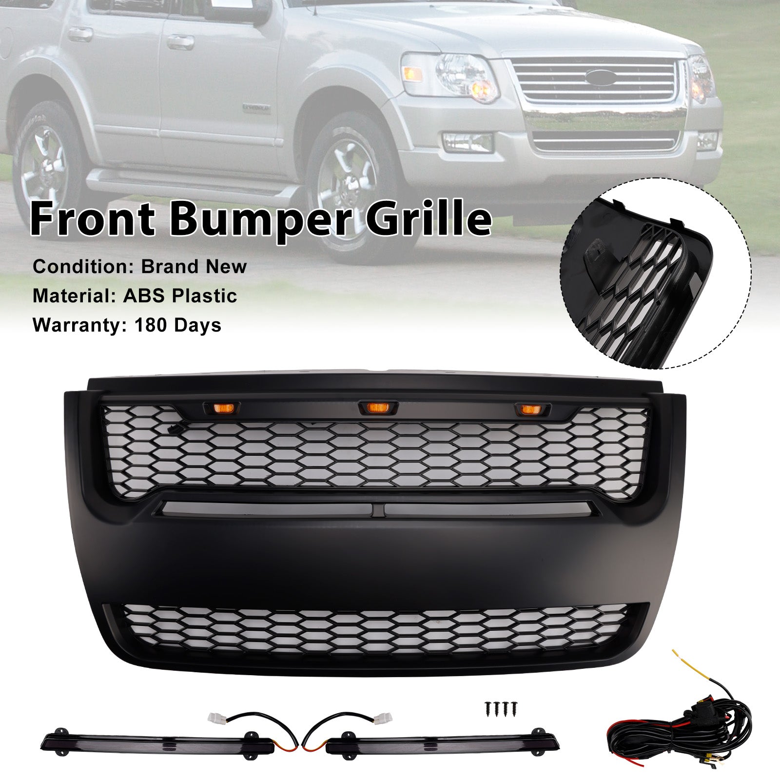 Black Front Upper Bumper Grille Grill Fit Ford Explorer 2006-2010 With Light