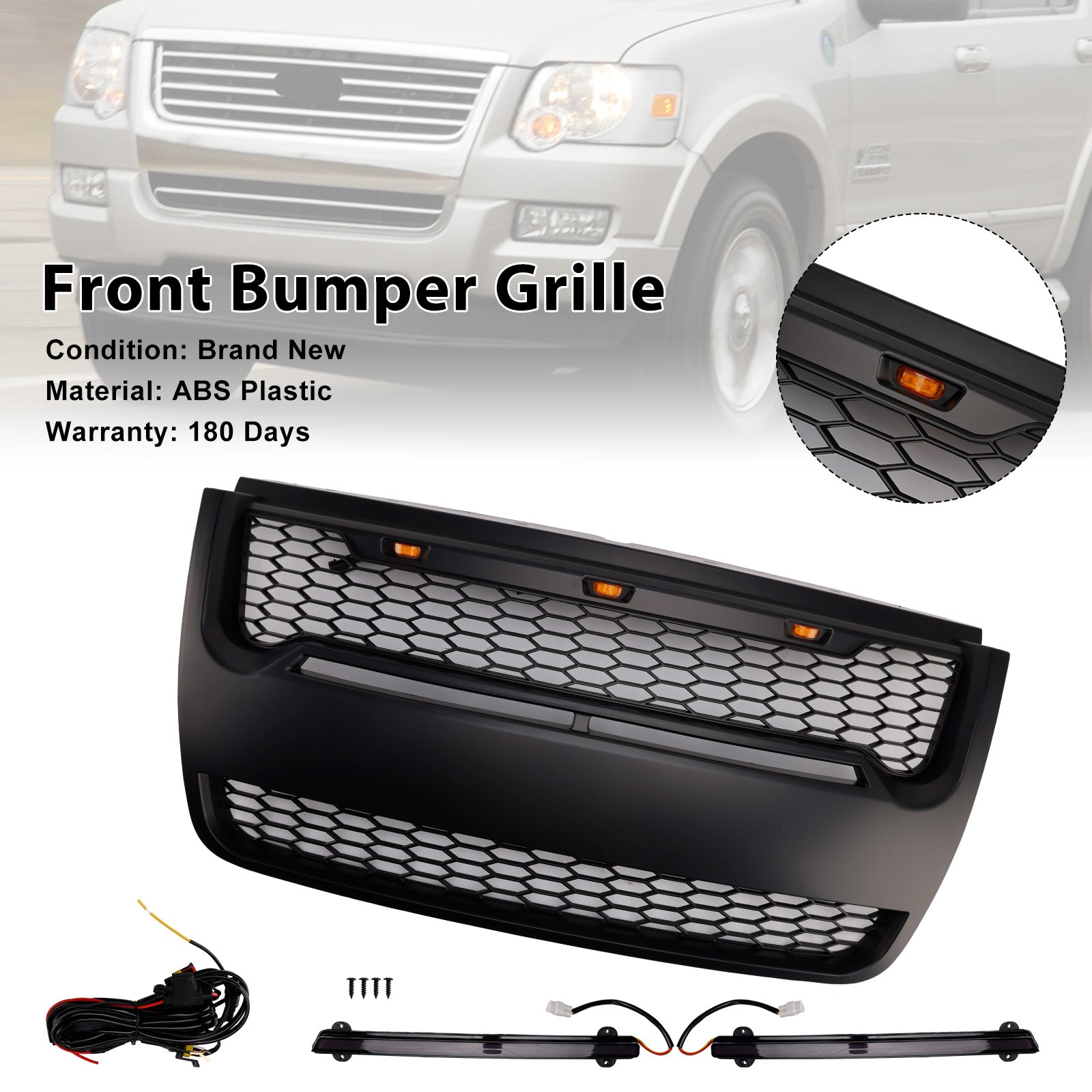 Black Front Upper Bumper Grille Grill Fit Ford Explorer 2006-2010 With Light