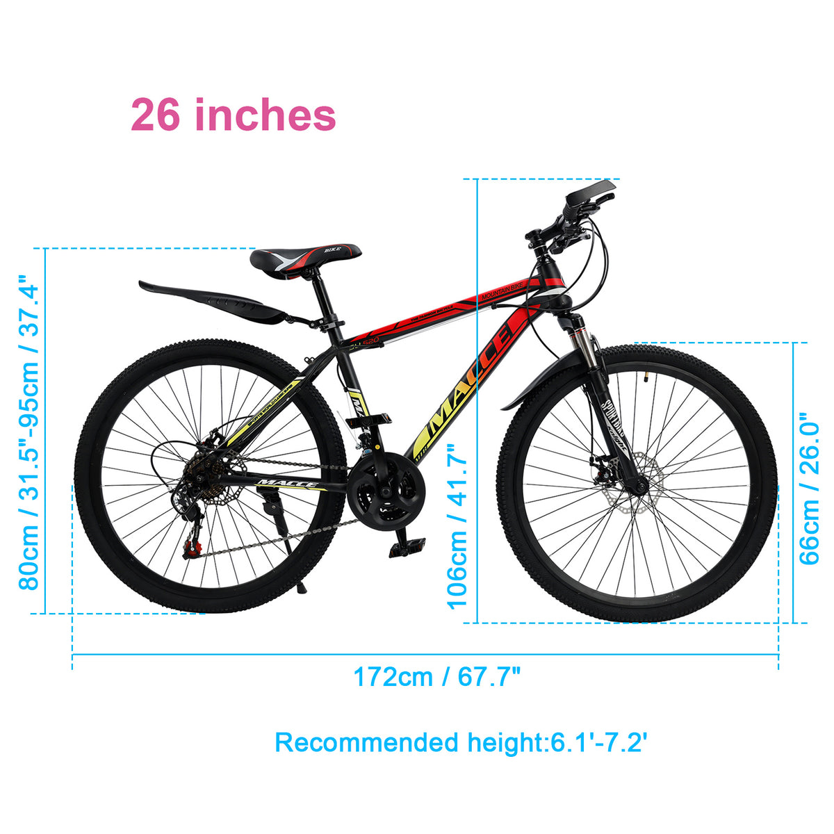 26" Spoke Wheel 24 Speed Mountain Bicycle Adult Bike MTB w/ fender Red+Yellow