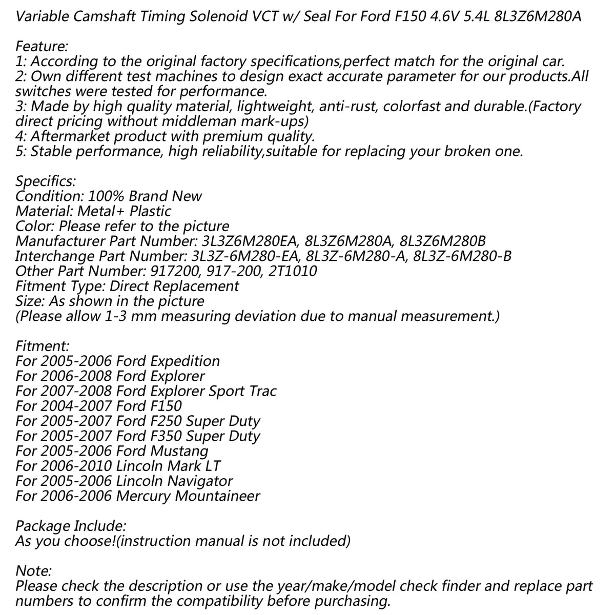 2006-2008 Ford Explorer Variable Camshaft Timing Solenoid VCT w/ Seal 3L3Z6M280EA 8L3Z6M280A Generic