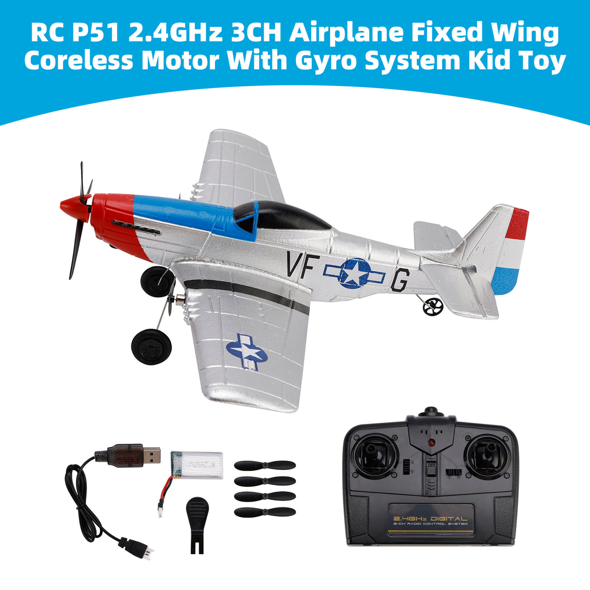 RC P51 2.4GHz 3CH Airplane Fixed Wing Coreless Motor With Gyro System Kid Toy