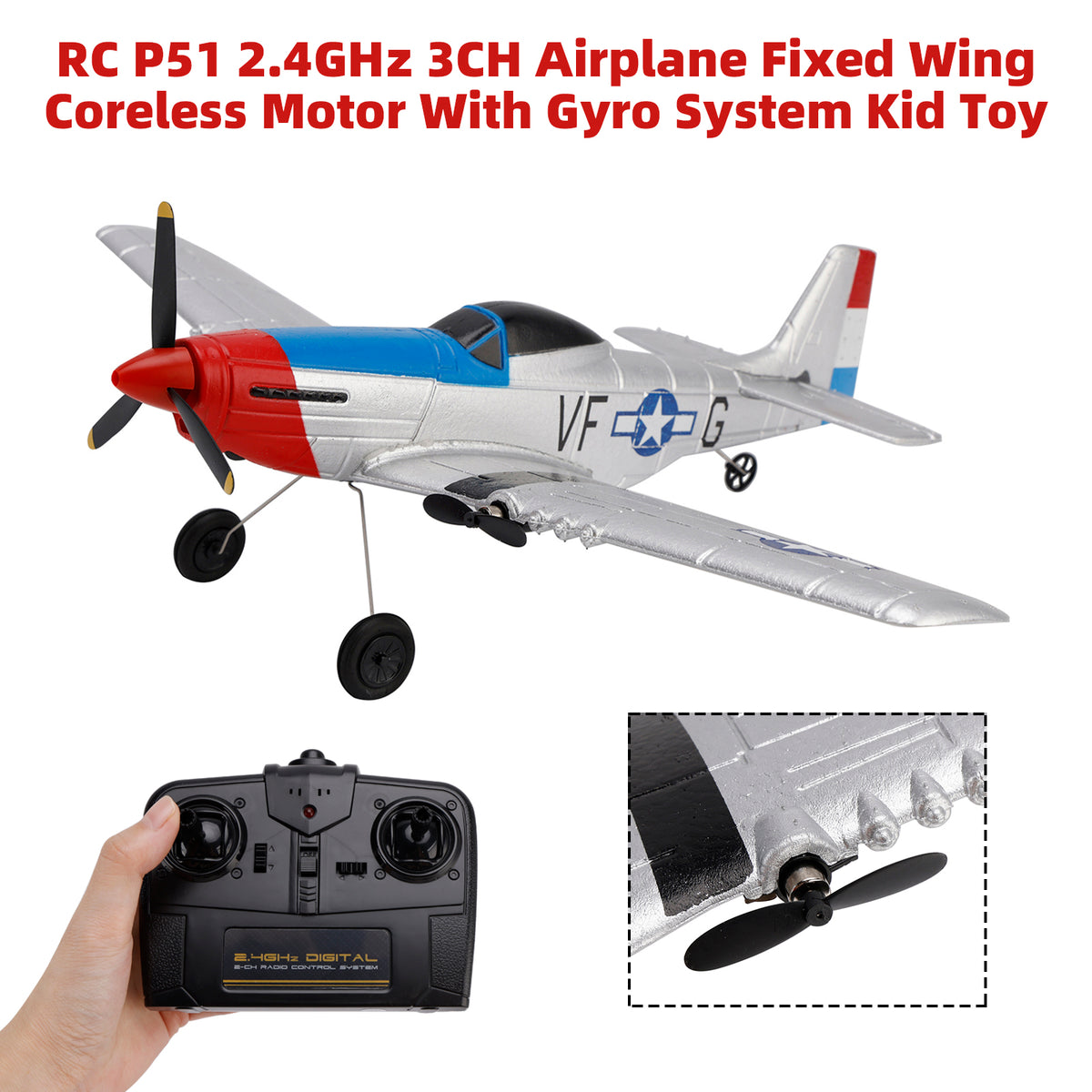 RC P51 2.4GHz 3CH Airplane Fixed Wing Coreless Motor With Gyro System Kid Toy