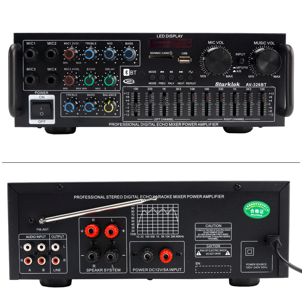2500W Peak Stereo HiFi Power Amplifier Bluetooth5.4 Karaoke FM USB EQ Mixer 110V